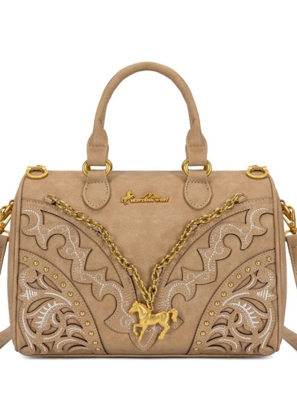 Montana West Western Horse Charm Satchel Crossbody Bag -Tan